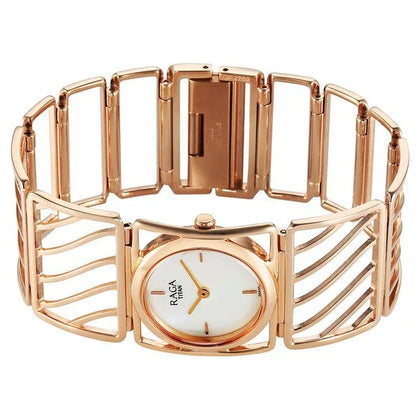 Titan Raga White Mother of Pearl Rectangle Dial Rose Gold Metal Analog Watch for Women 2769WM01