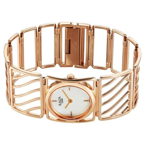 Titan Raga White Mother of Pearl Rectangle Dial Rose Gold Metal Analog Watch for Women 2769WM01