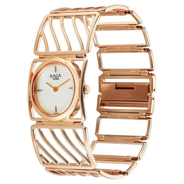Titan Raga White Mother of Pearl Rectangle Dial Rose Gold Metal Analog Watch for Women 2769WM01