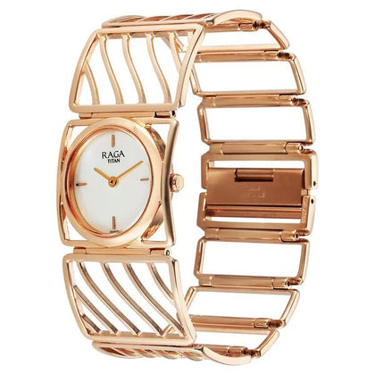 Titan Raga White Mother of Pearl Rectangle Dial Rose Gold Metal Analog Watch for Women 2769WM01