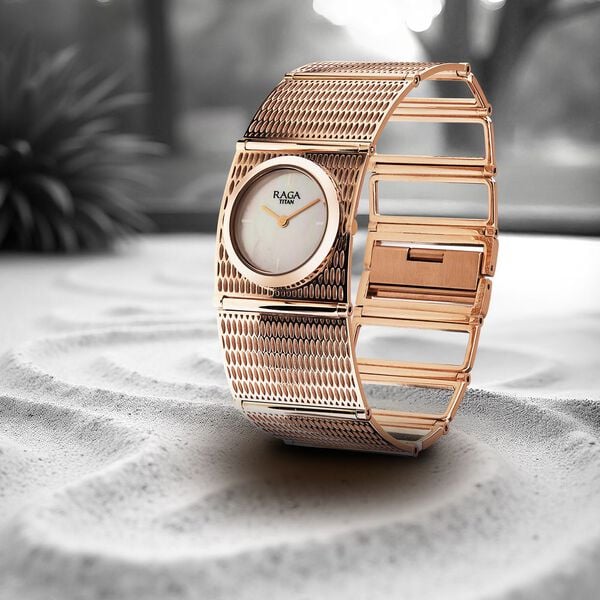 Titan Raga White Mother of Pearl Rectangle Dial Rose Gold Metal Analog Watch for Women 2770WM01