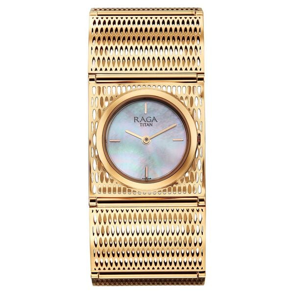 Titan Raga White Mother of Pearl Rectangle Dial Rose Gold Metal Analog Watch for Women 2770WM01