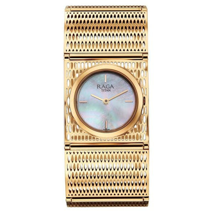 Titan Raga White Mother of Pearl Rectangle Dial Rose Gold Metal Analog Watch for Women 2770WM01