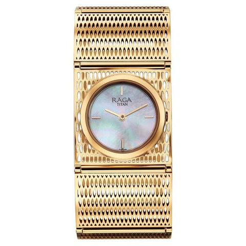 Titan Raga White Mother of Pearl Rectangle Dial Rose Gold Metal Analog Watch for Women 2770WM01