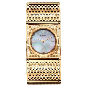 Titan Raga White Mother Of Pearl Rectangular Dial Rose Gold Stainless Steel Strap Analog Watch for Women