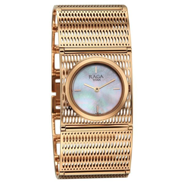 Titan Raga White Mother of Pearl Rectangle Dial Rose Gold Metal Analog Watch for Women 2770WM01