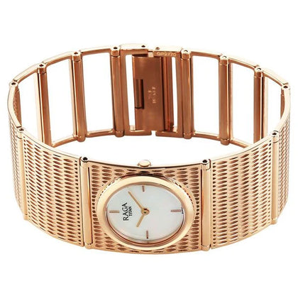 Titan Raga White Mother of Pearl Rectangle Dial Rose Gold Metal Analog Watch for Women 2770WM01