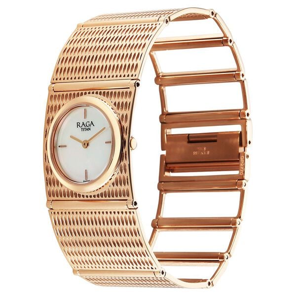 Titan Raga White Mother of Pearl Rectangle Dial Rose Gold Metal Analog Watch for Women 2770WM01