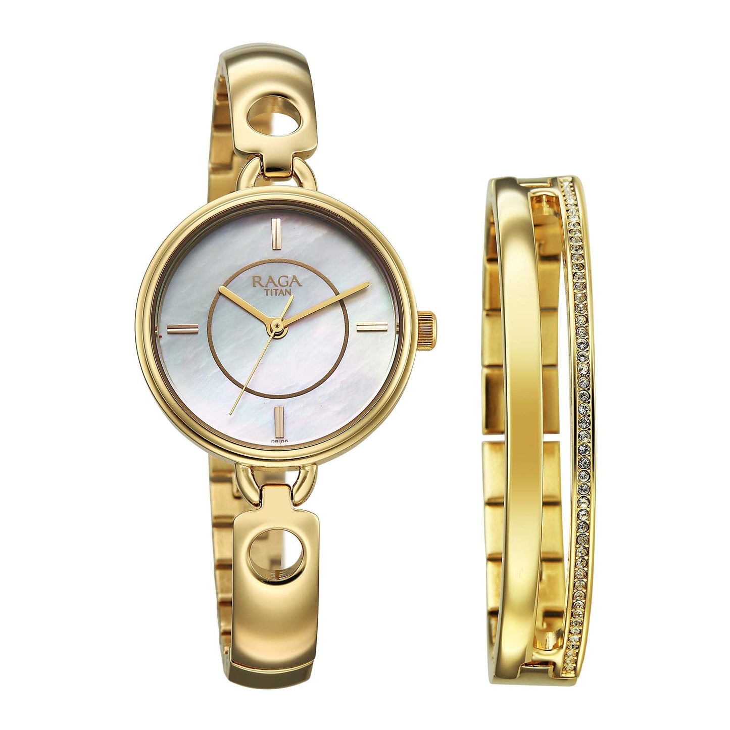 Titan Raga White Mother of Pearl Dial Gold Metal Strap Analog Watch for Women 2774YM01