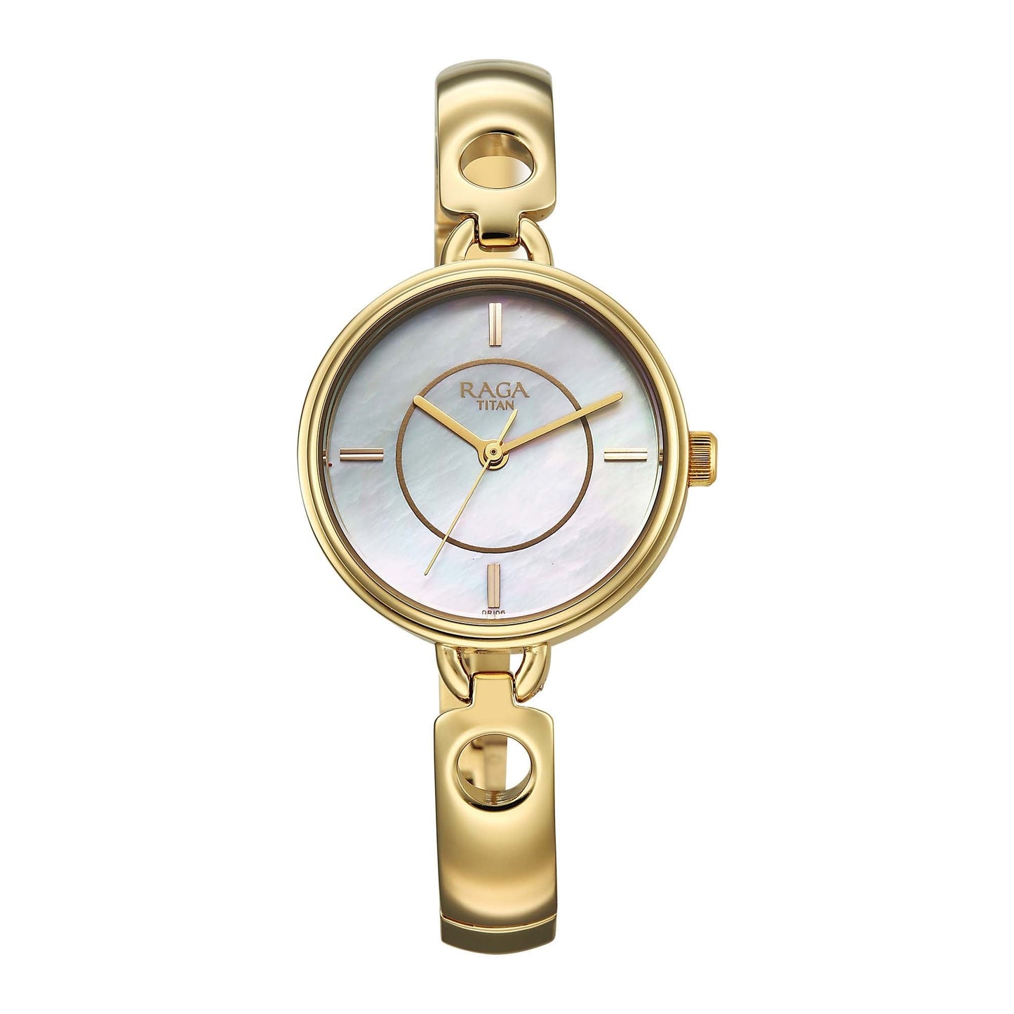 Titan Raga White Mother of Pearl Dial Gold Metal Strap Analog Watch for Women 2774YM01