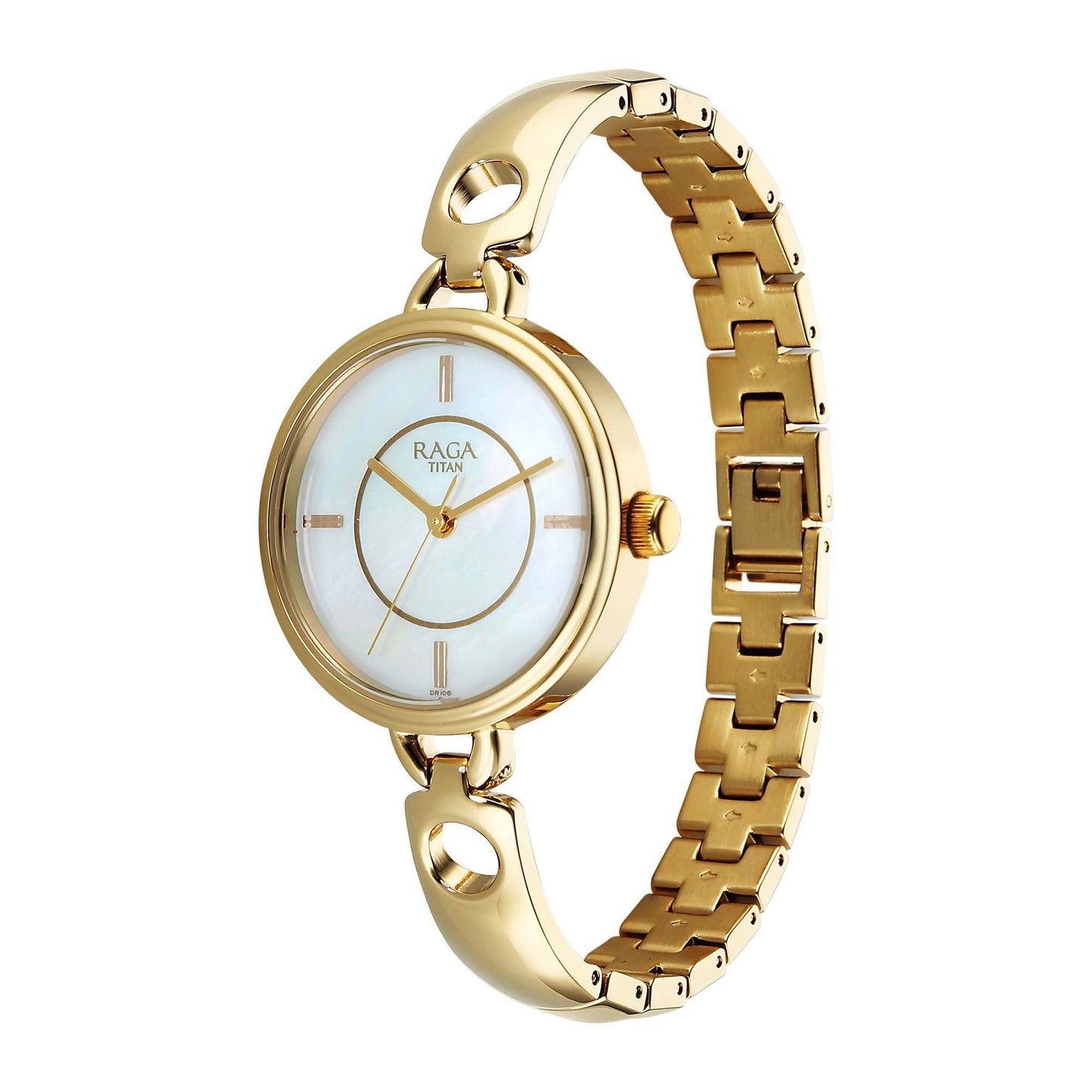 Titan Raga White Mother of Pearl Dial Gold Metal Strap Analog Watch for Women 2774YM01