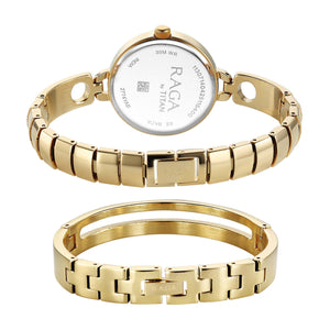 Titan Raga White Mother of Pearl Dial Gold Metal Strap Analog Watch for Women 2774YM01