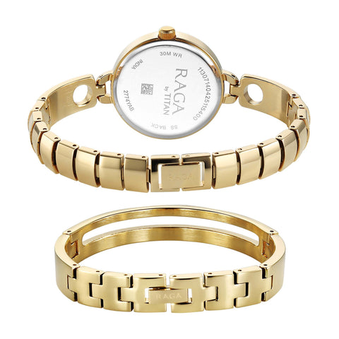 Titan Raga White Mother of Pearl Dial Gold Metal Strap Analog Watch for Women 2774YM01