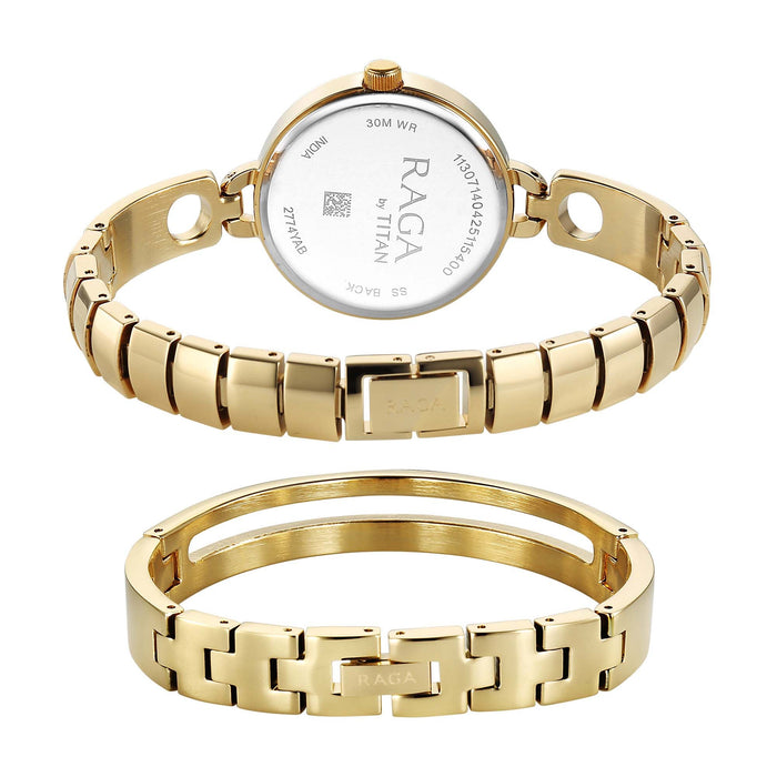 Titan Raga White Mother of Pearl Dial Gold Metal Strap Analog Watch for Women 2774YM01