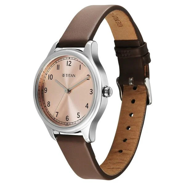 Titan Workwear Pink Dial Brown Leather Strap Analog Watch for Women