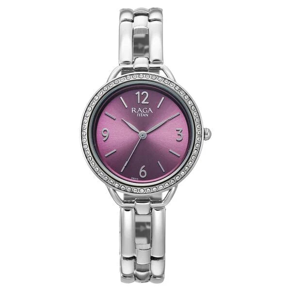 Titan Raga Purple Dial Silver Metal Strap Analog Watch for Women