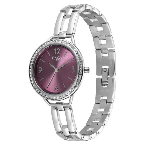 Titan Raga Purple Dial Silver Metal Strap Analog Watch for Women