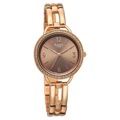 Titan Raga Brown Dial Rose Gold Metal Strap Analog Watch for Women
