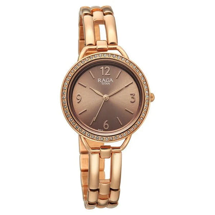 Titan Raga Brown Dial Rose Gold Metal Strap Analog Watch for Women