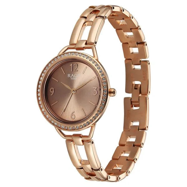 Titan Raga Brown Dial Rose Gold Metal Strap Analog Watch for Women
