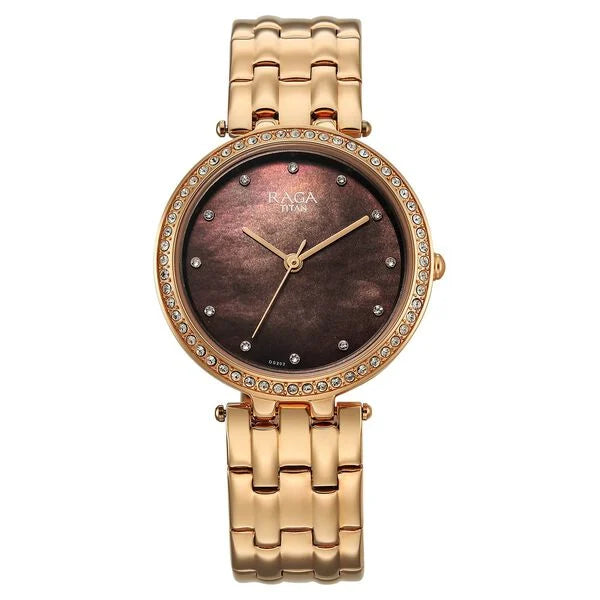 Titan Raga Mother of Pearl Dial Rose Gold Metal Strap Analog Watch for Women