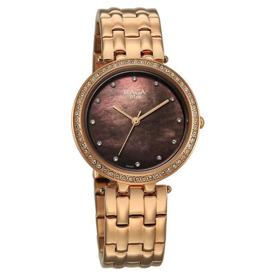 Titan Raga Mother of Pearl Dial Rose Gold Metal Strap Analog Watch for Women