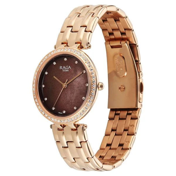 Titan Raga Mother of Pearl Dial Rose Gold Metal Strap Analog Watch for Women