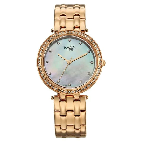 Titan Raga Mother of Pearl Dial Rose Gold Metal Strap Analog Watch for Women