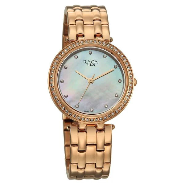 Titan Raga Mother of Pearl Dial Rose Gold Metal Strap Analog Watch for Women