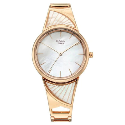 Titan Raga Mother of Pearl Dial Rose Gold Metal Strap Analog Watch for Women