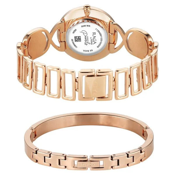 Titan Raga Mother of Pearl Dial Rose Gold Metal Strap Analog Watch for Women