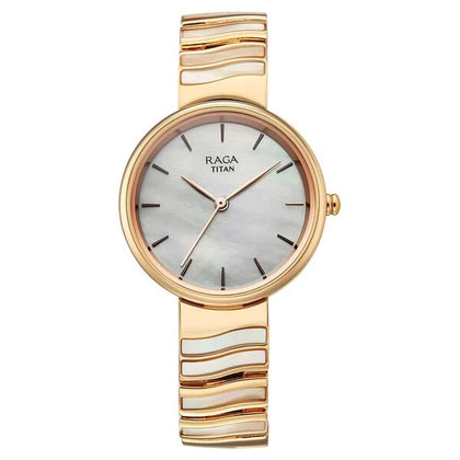 Titan Raga Mother of Pearl Dial Rose Gold Metal Strap Analog Watch for Women