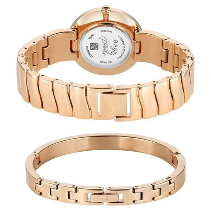 Titan Raga Mother of Pearl Dial Rose Gold Metal Strap Analog Watch for Women