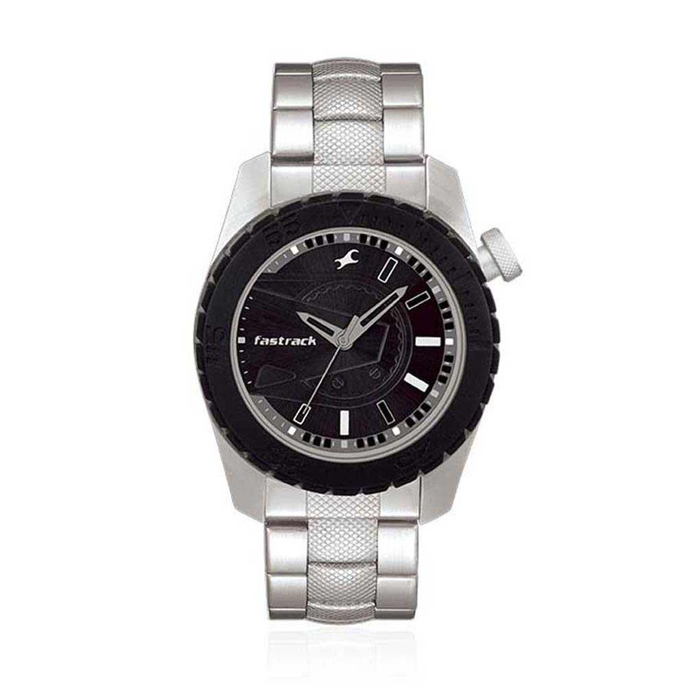 Fastrack Quartz Analog Black Dial Stainless Steel Strap Watch for Guys