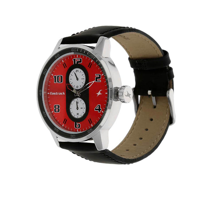 Fastrack Quartz Analog Red Dial Leather Strap Watch for Guys