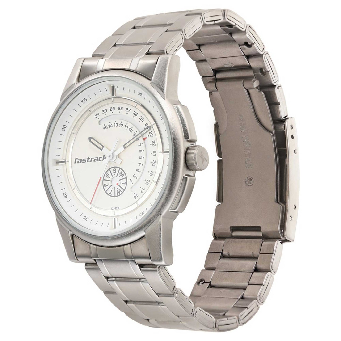 Fastrack Go Skate Quartz Analog with Day and Date White Dial Stainless Steel Strap Watch for Guys