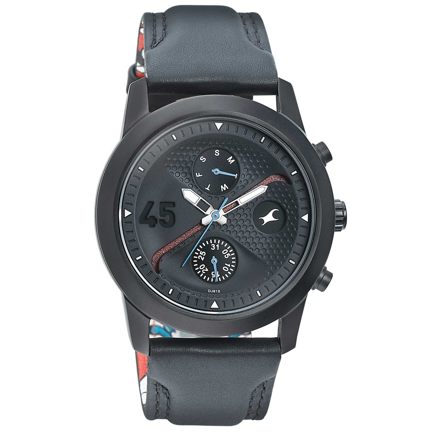 Fastrack Go Skate Quartz Multifunction Black Dial Leather Strap Watch for Guys