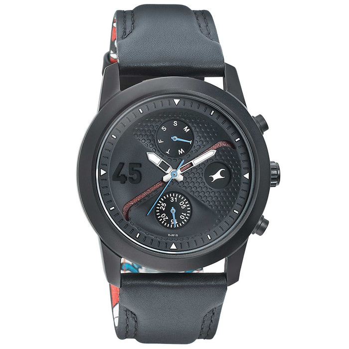 Fastrack Go Skate Quartz Multifunction Black Dial Leather Strap Watch for Guys