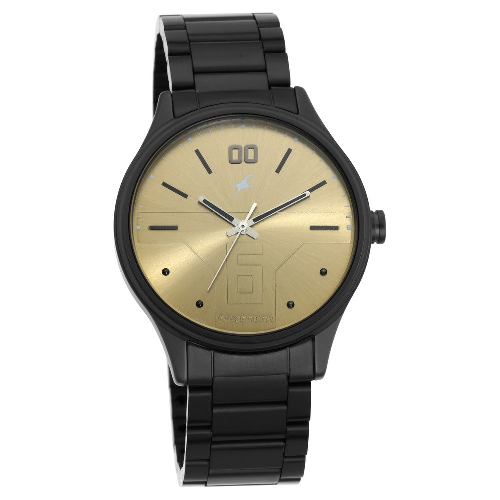 Fastrack Bare Basics Quartz Analog Golden Dial Stainless Steel Strap Watch for Guys