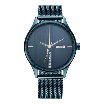 Fastrack Style Up Quartz Analog with Day and Date Blue Dial Stainless Steel Strap Watch for Guys