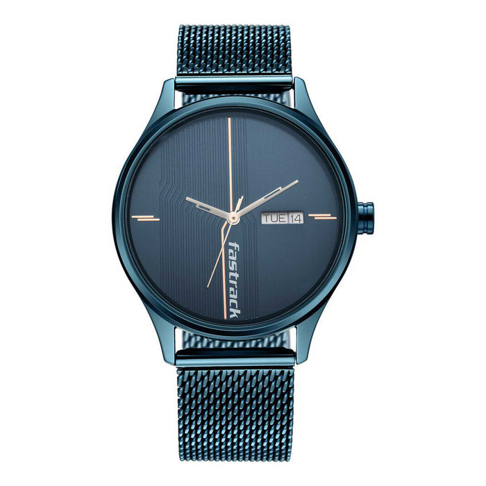 Fastrack Style Up Quartz Analog with Day and Date Blue Dial Stainless Steel Strap Watch for Guys