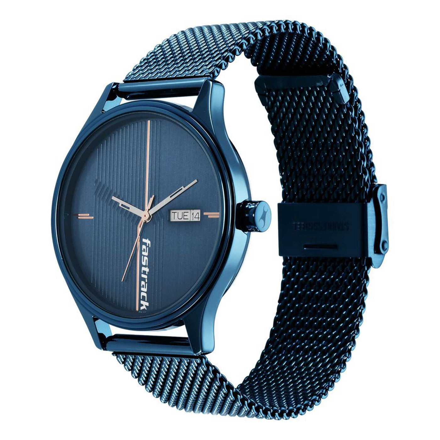 Fastrack Style Up Quartz Analog with Day and Date Blue Dial Stainless Steel Strap Watch for Guys