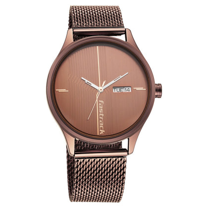 Fastrack Style Up Quartz Analog with Day and Date Brown Dial Stainless Steel Strap Watch for Guys