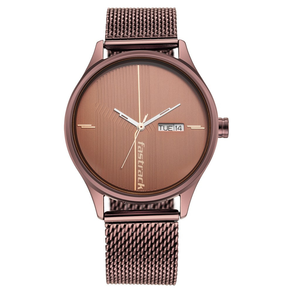 Fastrack Style Up Quartz Analog with Day and Date Brown Dial Stainless Steel Strap Watch for Guys