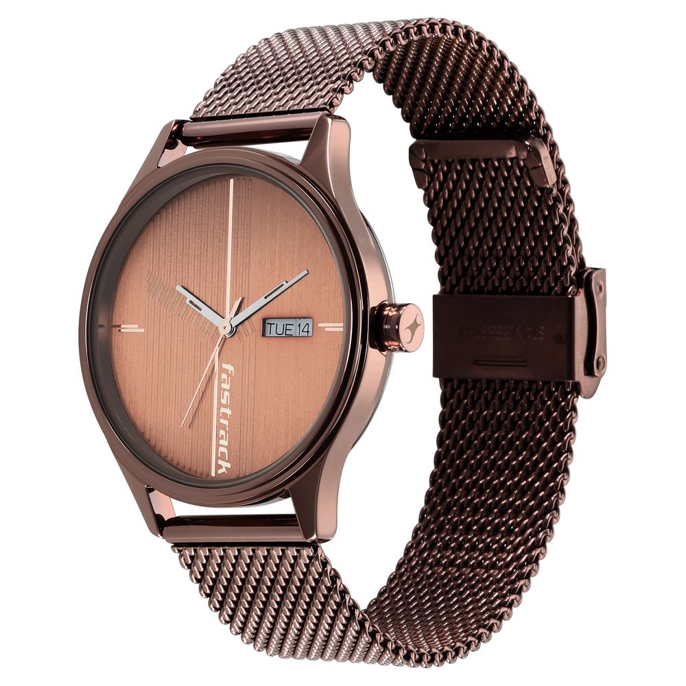 Fastrack Style Up Quartz Analog with Day and Date Brown Dial Stainless Steel Strap Watch for Guys