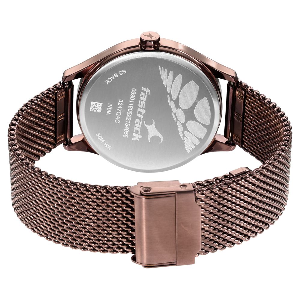 Fastrack Style Up Quartz Analog with Day and Date Brown Dial Stainless Steel Strap Watch for Guys