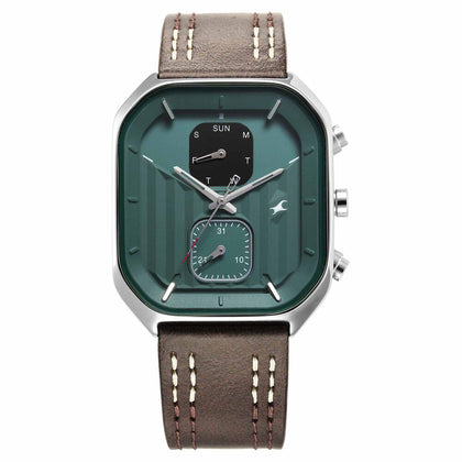 Fastrack Fleek Quartz Multifunction Green Dial Leather Strap Watch For Guys