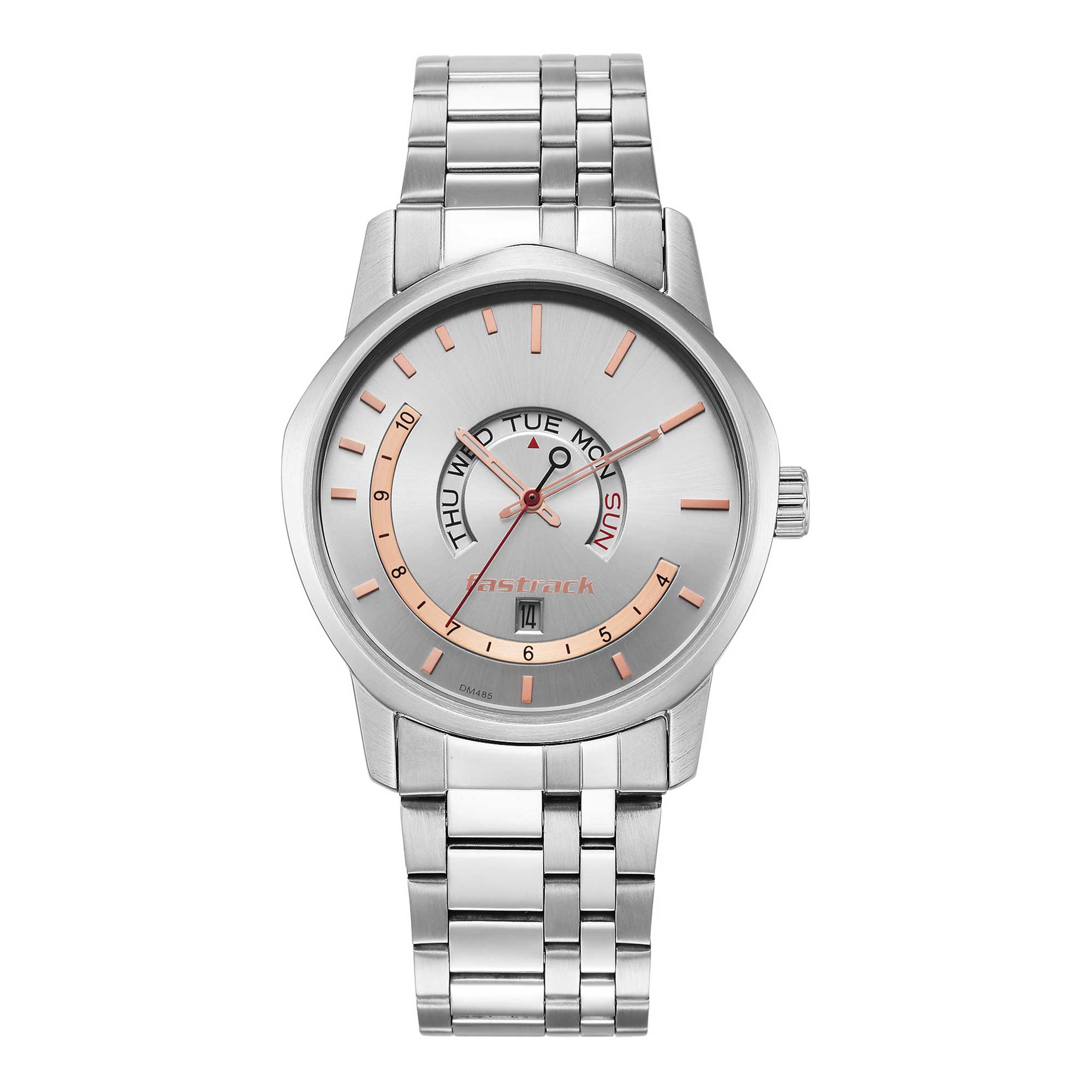 Fastrack Exuberant Quartz Analog with Day and Date Silver Dial Metal Strap Watch for Guys