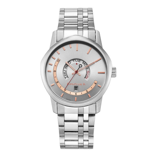 Fastrack Exuberant Quartz Analog with Day and Date Silver Dial Metal Strap Watch for Guys