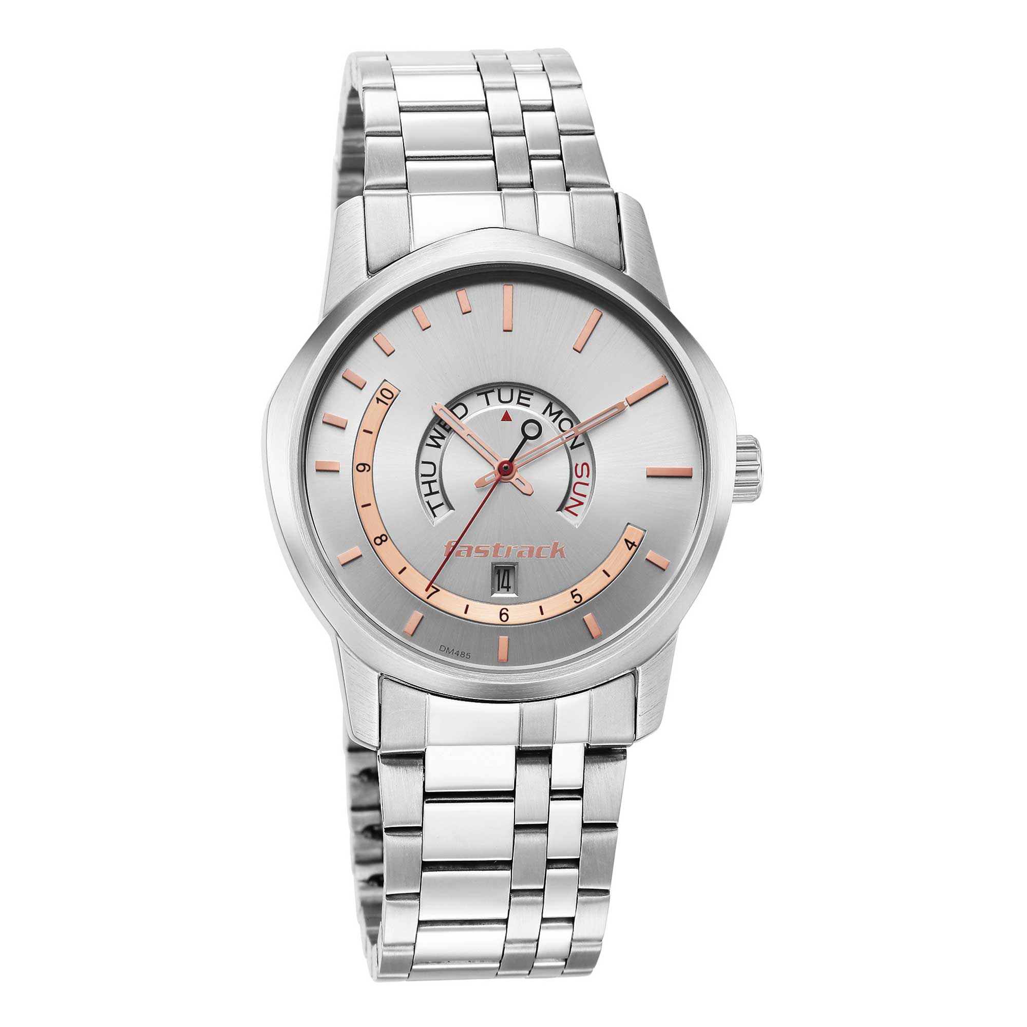 Fastrack Exuberant Quartz Analog with Day and Date Silver Dial Metal Strap Watch for Guys